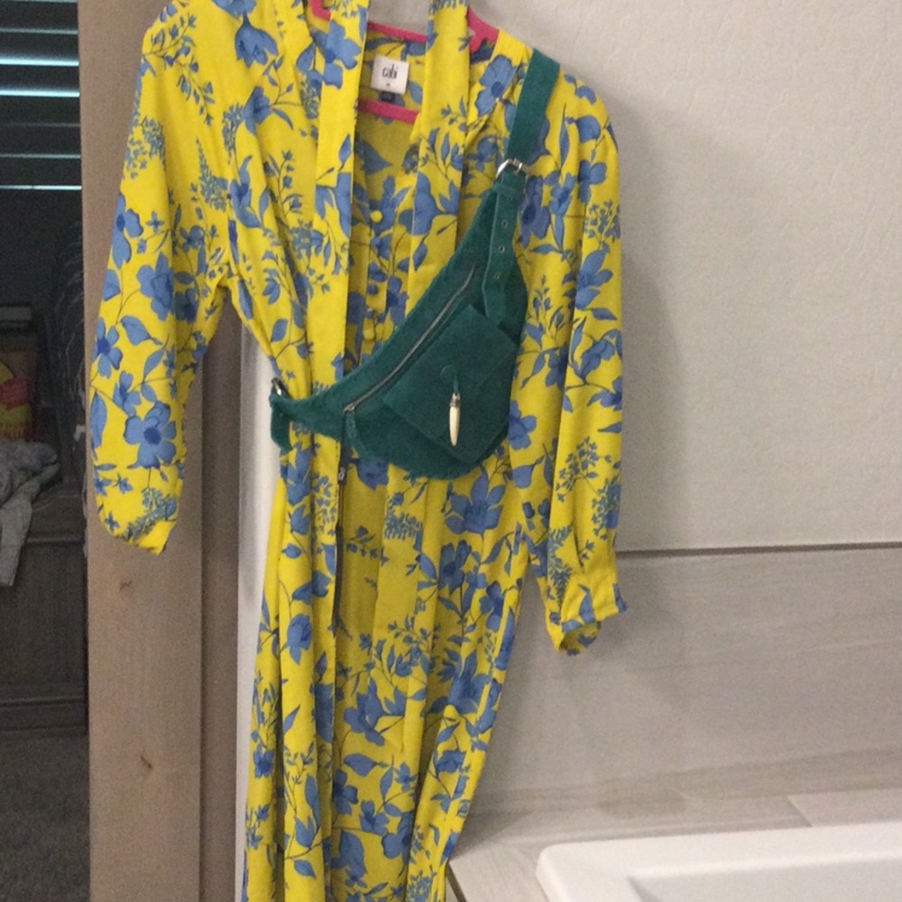 Yellow and Blue Floral Dress with Green Bag